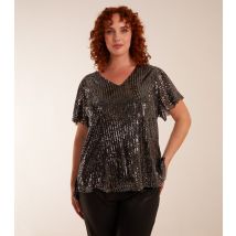 Women's Plus Size Black Metallic Sequin V Neck Top Curves Blue Vanilla New Look