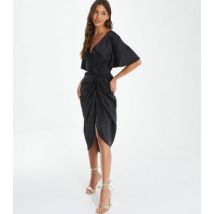 QUIZ Black Satin Ruched Wrap Midi Dress New Look