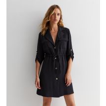 Women's Black 1/2 Sleeve Utility Mini Shirt Dress Cameo Rose New Look