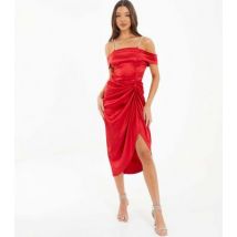 QUIZ Red Satin Cold Shoulder Ruched Midi Dress New Look