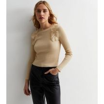 Cameo Rose Stone Ribbed Knit Frill Top New Look