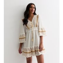 Women's White Embroidered Tassel Mini Dress Blue Vanilla New Look