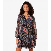 Women's Green Floral Patchwork Chiffon Puff Sleeve Mini Dress Apricot New Look