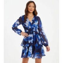 QUIZ Blue Floral Chiffon Wrap Mini Dress New Look