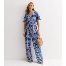 Gini London Blue Abstract Print Flutter Sleeve Jumpsuit New Look
