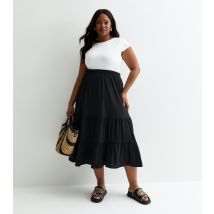 Women's Plus Size Black Cotton Tiered Midi Skirt Curves ONLY New Look