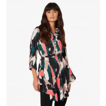 Women's Green Brush Stroke Dip Hem Belted Shirt Apricot New Look