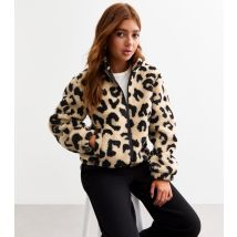 Girls' Stone Leopard Print Borg Jacket New Look