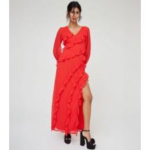 WKNDGIRL Red Long Sleeve Ruffle Split Hem Maxi Dress New Look
