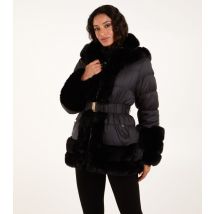 Women's Black Belted Faux Fur Puffer Jacket Blue Vanilla New Look