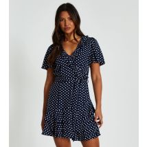 Women's Navy Polka Dot Wrap Mini Dress Quiz New Look