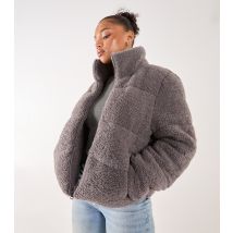 Women's Grey High Neck Padded Borg Coat Pink Vanilla New Look