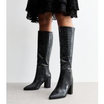 Women's Black Croc Effect Faux Leather Knee High Boots Public Desire New Look