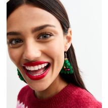 Green Christmas Tree Embellished Earrings New Look