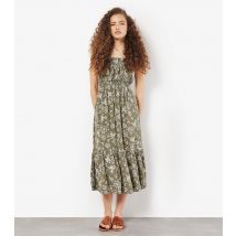 Women's Olive Floral Print Tiered Hem Midi Dress Apricot New Look