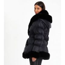 QUIZ Black Faux Fur Trim Padded Jacket New Look