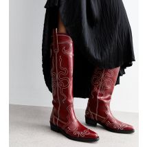 Women's Serpentine Burgundy Knee High Cowboy Boots Public Desire New Look