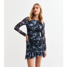 Women's Blue Tie Dye Print Ruffled Mesh Mini Dress New Look