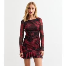 Women's Red Floral Print Ruffled Mesh Mini Dress New Look