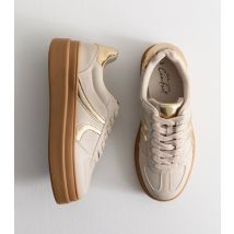 Women's Cream Contrast Trim Leather Look Lace Up Trainers New Look
