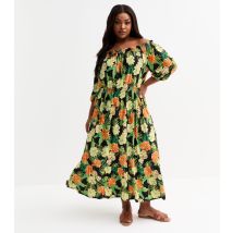 Women's Curve Yellow Floral Print Bardot Midi Dress Blue Vanilla New Look