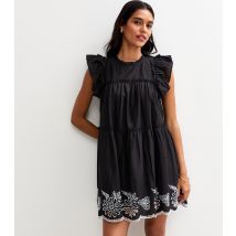 Women's Black Floral Embroidered Frill Trim Mini Dress New Look
