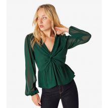 Women's Green Chiffon Twist Long Sleeve Top Apricot New Look