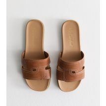Women's Extra Wide Fit Tan Woven Look Cut Out Faux Leather Sandals Vegan New Look