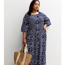 Women's Plus Size Navy Printed Midi Dress Curves Blue Vanilla New Look