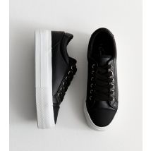 Women's Black Platform Sole Pebbled Faux Leather Trainers Vegan New Look