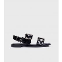 Women's Black Faux Patent Leather Buckled Sandals London Rebel New Look