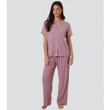 Women's Pink Ribbed Short Sleeve Shirt and Trousers Pyjama Set Loungeable New Look