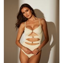 Women's Cream Pleated Texture Cut Out Swimsuit South Beach New Look