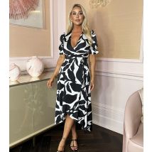 Women's Black Leaf Print Satin Wrap Midi Dress AX Paris New Look