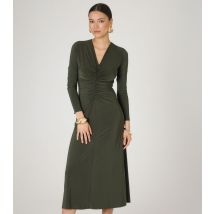 Women's Green Slinky Ruched V-Neck Midi Dress WKNDGIRL New Look