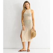 Women's Stone Crochet Bodycon Slit Hem Midi Dress Gini London New Look