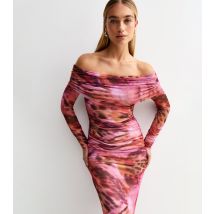 Women's Pink Butterfly Print Mesh Bardot Midi Dress New Look