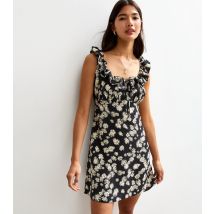 Women's Black Daisy Print Sweetheart Tie Back Mini Dress New Look