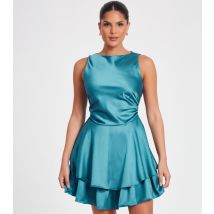 Women's Teal Satin Layered Mini Skater Dress Quiz New Look