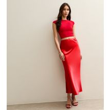 Women's Bright Red Satin Bias Cut Midi Skirt New Look