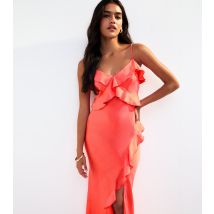 Women's Coral Frill Satin Midi Slip Dress New Look