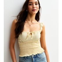 Women's Yellow Check Print Frill Sleeve Shirred Cami Top New Look