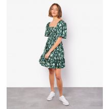 Women's Green Floral Print Smocked Mini Dress Apricot New Look