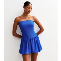 Women's Bright Blue Textured Bubble Hem Bandeau Mini Dress New Look