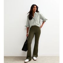 Women's Khaki Ribbed Jersey Flared Trousers New Look