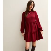 Women's Dark Red Crinkled Ruffled Neck Smock Mini Dress New Look