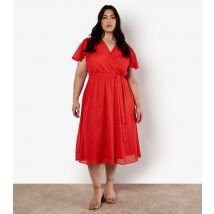 Women's Curve Red Chevron Jacquard Wrap Midi Dress Apricot New Look