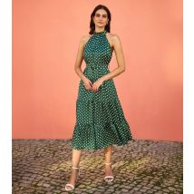Women's Green Spot Print Halterneck Satin Midi Dress Yumi New Look