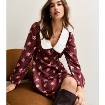 Women's Brown Crepe Floral Print Statement Collar Mini Dress New Look