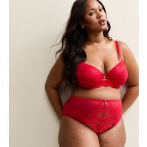 Women's Plus Size Red Floral Lace Panel Mesh High Waisted Briefs Curves New Look